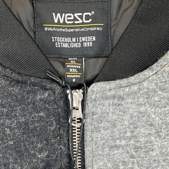 New WESCÂ Men US Men XL /WomenâXXL Wool Bomber Gray Black Jacket $225 - Picture 8 of 12